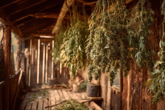 Hemp drying scene: branches with buds hanging to dry in a rustic farm barn