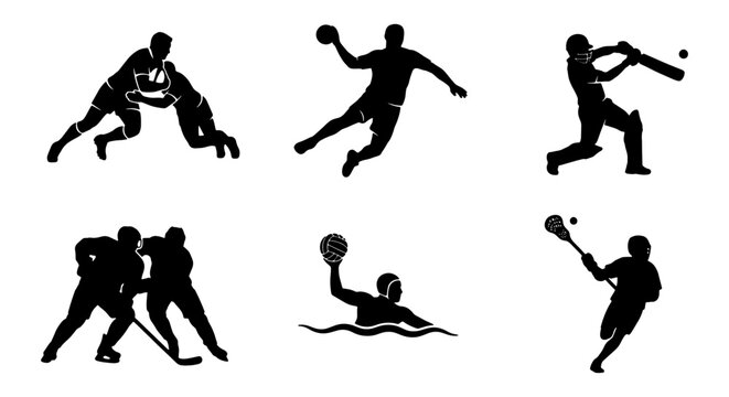 Diverse Sports Silhouettes: Rugby, Handball, Cricket, Hockey, Water Polo, Lacrosse Action Figures, Athletic Competition Icons, Team Game Vector Graphics