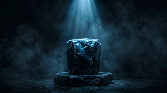 Obsidian stone pedestal for product display. Dark volcanic rock stand in moody spotlight.
