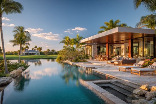 High-end coastal estate with infinity pool and glass-walled living spaces in a Florida golf locale