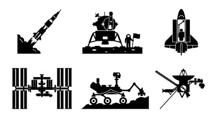 Space Exploration Icons Set: Rockets, Lunar Lander, Space Shuttle, ISS, Rover, Satellite Vector Graphics for Cosmic Concepts © Joya