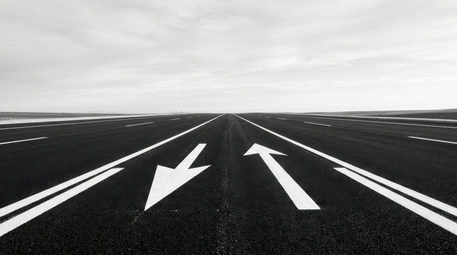 Directional Arrows Mark Asphalt Road Leading Towards Horizon Under Overcast Sky