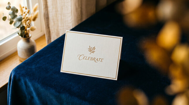 Minimalist greeting card on blue velvet. Elegant stationery mockup for wedding or event.
