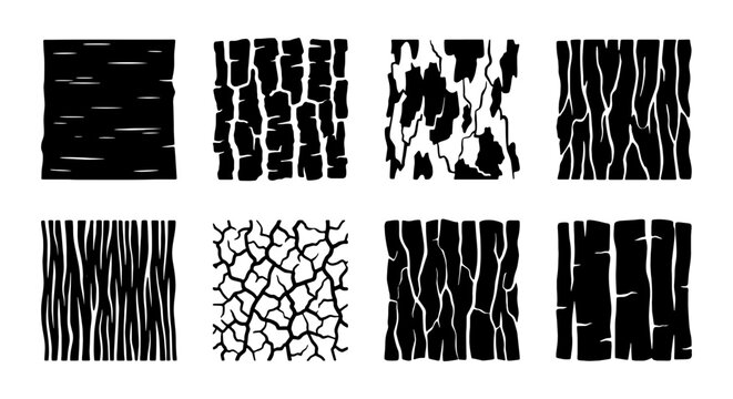 Set of 8 Black and White Wood Bark Textures, Natural Tree Surface Patterns, Organic Rough Grain Backgrounds, Vector Graphic Elements
