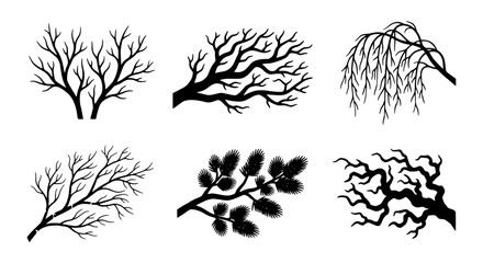 Obraz premium Diverse Black Tree Branches Vector Set, Silhouette Nature Elements, Organic Twig Designs for Seasonal Decor and Graphic Art