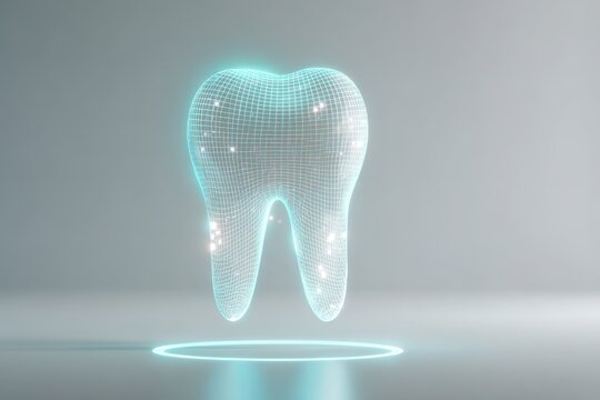 Holographic tooth hovering above a minimalist mouth pictogram in cool neon tones