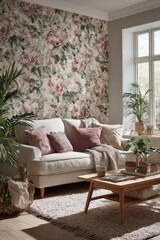 Obraz premium Home decor scene showcasing botanical wallpaper as a focal point in living space