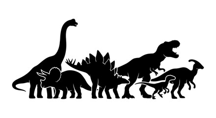 Diverse Dinosaur Silhouettes Collection, Prehistoric Reptile Icons, Jurassic Era Creatures Vector Set, Paleontology Graphic Elements © Rakib