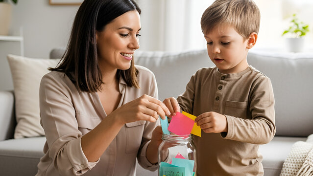 Mother and child playing with notes in a jar at home