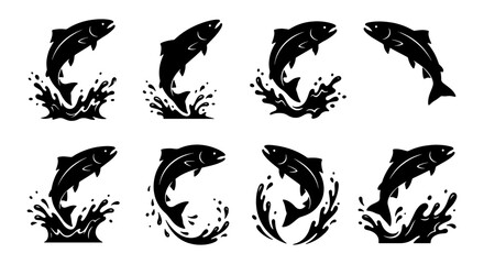 Fototapeta premium Jumping Salmon Vector Icons, Aquatic Wildlife Silhouette Set, Dynamic Fish Leap Illustrations, Seafood Industry Graphics, Black and White Water Splash Elements