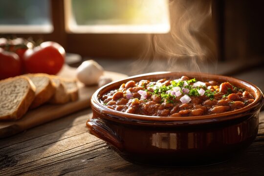 Homemade vegetarian barbecue baked beans in a rustic ceramic dish on a cozy kitchen table