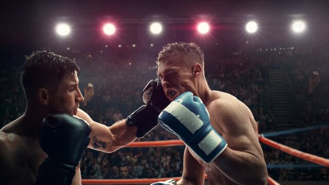 Super Slow Motion Ringside Dolly Glides Around Two Male Boxers. Hit with Hook Leads to Knockdown, Fierce Championship Fight Inside a Packed Tournament Arena With Huge Scale.