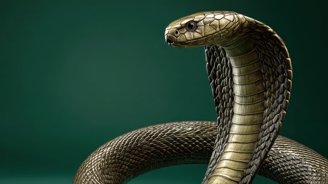 Hyper-detailed 3D render of a king cobra coiled on an emerald green background