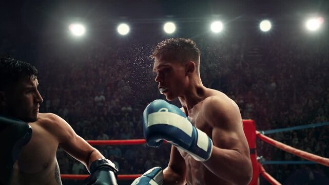 Super Slow Motion Close-up of Two Male Boxers Trading Heavy Punches in a Packed Championship Tournament Arena, as a Cinematic Ringside Tracking Camera Captures Knockout