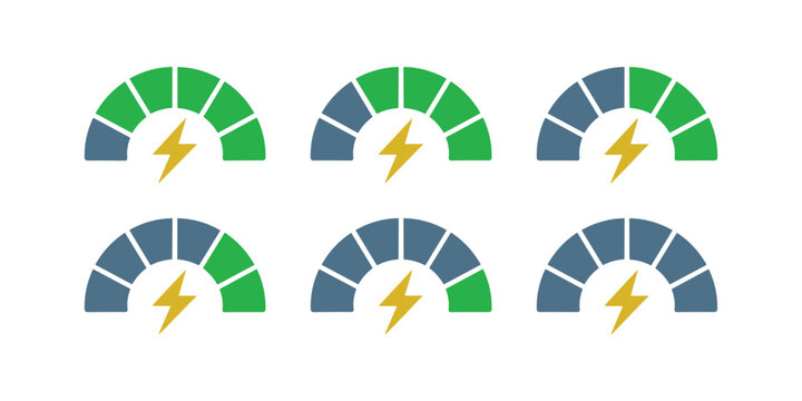 Six semicircular gauges with yellow lightning bolts and colored segments meter dial speed power