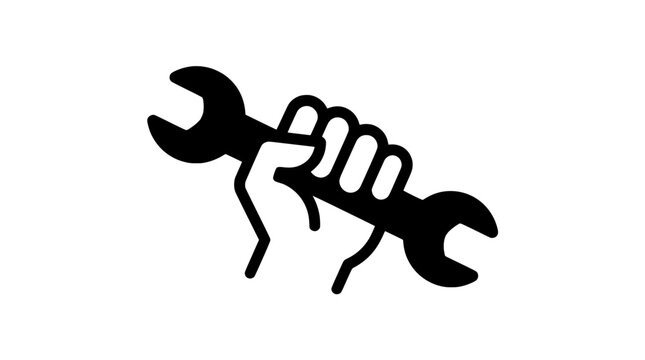 Industrial wrench held by hand vector icon, black mechanic tool silhouette for repair service, manual labor and construction equipment symbol
