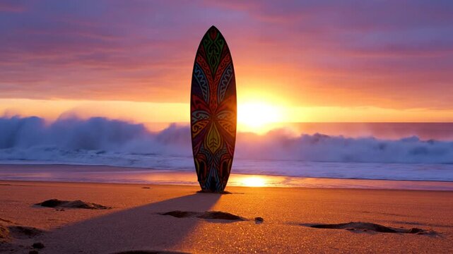 Colorful patterned surfboard on beach at ocean sunset