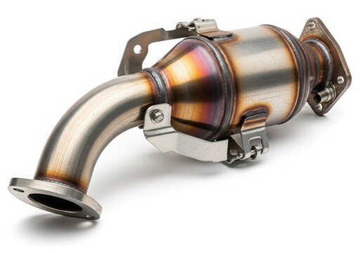 Stainless steel exhaust manifold with catalytic converter isolated on white background