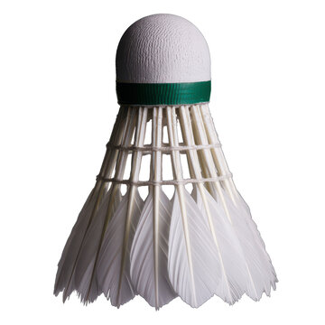 Close-up of a white badminton shuttlecock with green tape isolated on transparent background