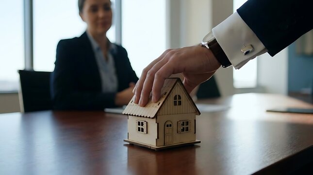 Hand placing house model on table during meeting.