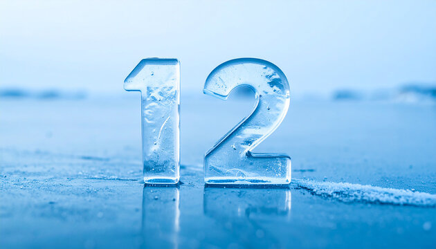 Transparent ice number 12 standing on blue frozen surface, minimalist winter composition, soft lighting, icy reflections and subtle frost details, solid background. Close-up.