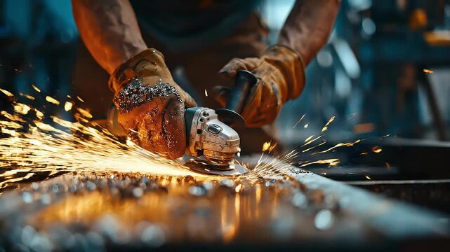 Worker Grinding Metal with Angle Grinder and Flying Sparks
