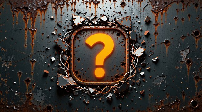Orange question mark glows on broken rusted metal surface. Digital interface shows mystery doubt or crisis. Dark background with abstract texture for game or tech concept.