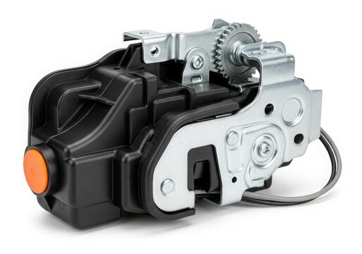 Close-up of black bike derailleur with orange button isolated on white background