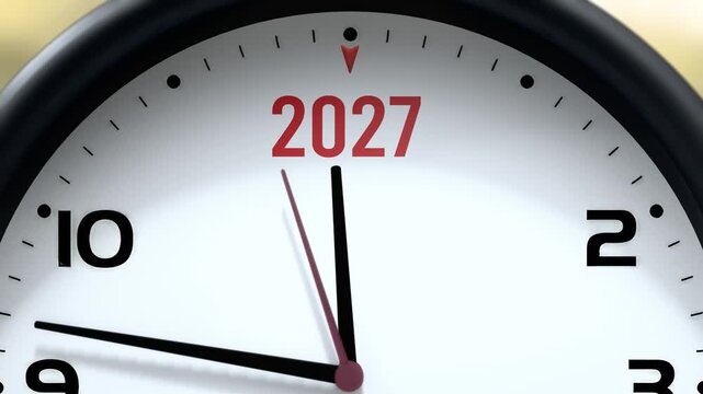 2027 that is going to happen soon. Upcoming 2027, approaching in the near future. 2027 almost here, in a short time - a clock symbolizes a reminder that 2027 is near, will be here in a little while.