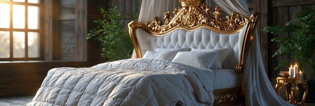 Luxurious Royal Bedroom with Canopy Bed, Golden Accents, and Soft Morning Light