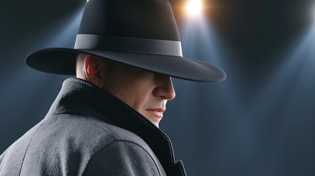 Man in Fedora Hat and Trench Coat Under Spotlight, Mysterious Noir Style