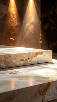 Luxurious polished marble countertop with gold veins illuminated by dramatic spotlight beams in a sophisticated interior setting