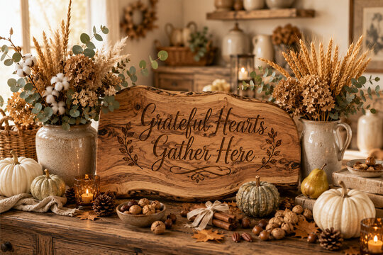Grateful hearts gather here rustic autumn sign
