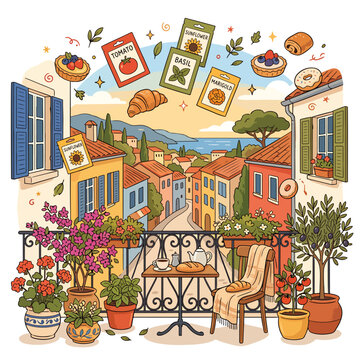 Colorful cartoon illustration of a vibrant outdoor caf scene.
