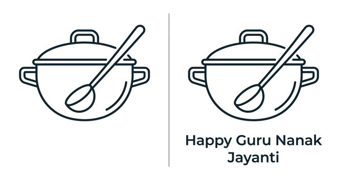 Line art illustration of a cooking pot with a ladle for Guru Nanak Jayanti.