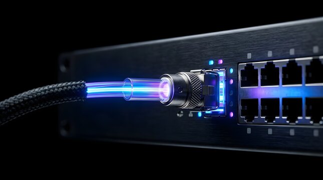 Fiber optic cable connected to a network switch for high speed data