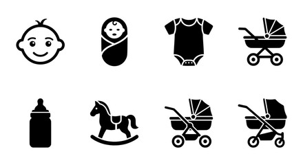Fototapeta premium Baby Icons Set, Newborn Essentials Collection, Stroller, Bodysuit, Bottle, Rocking Horse, Vector Graphics