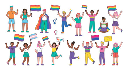 Fototapeta premium Diverse People With Pride Flags A Colorful Vector Illustration