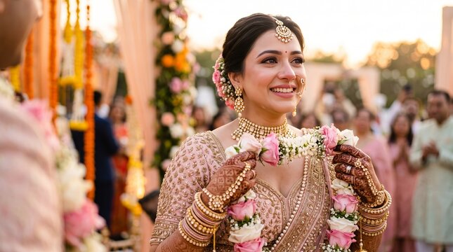 Radiant Indian bride in pastel ethnic wear holding a floral garland, looking excitedly at her groom moments before the Varmala exchange ceremony.