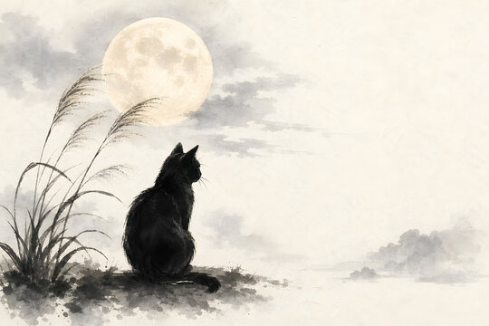 Sumi-e Black Cat &mdash; Moon and Pampas Grass Halloween
