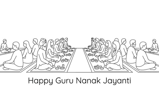Line art illustration of people sitting in rows for a traditional community meal during Guru Nanak Jayanti.