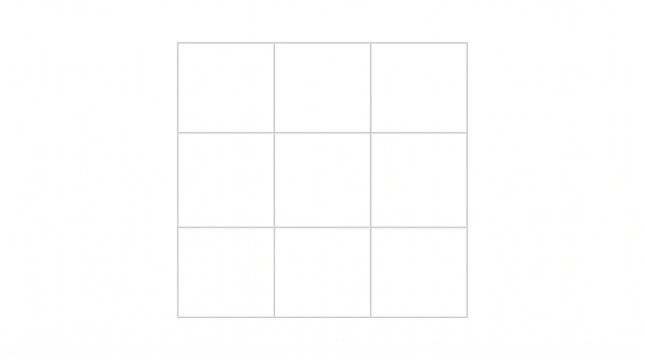 Minimalist square grid layout with nine cells, clean geometric wireframe on white background, simple 3x3 matrix template for design mockups