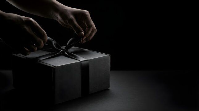Hands opening a luxury black gift box with a silk ribbon on black background