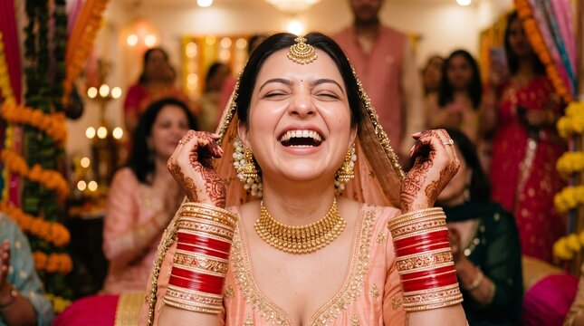 Joyous Indian bride in a peach outfit laughing heartily while showing off her traditional red chooda bangles during a pre-wedding event.