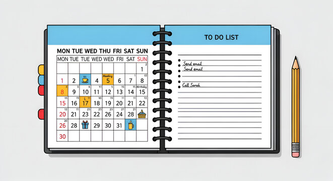 Open planner notebook with calendar and to-do list next to a yellow pencil on a light grey background