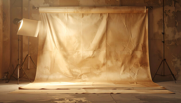 Photography studio setup with seamless crumpled paper backdrop and lighting equipment