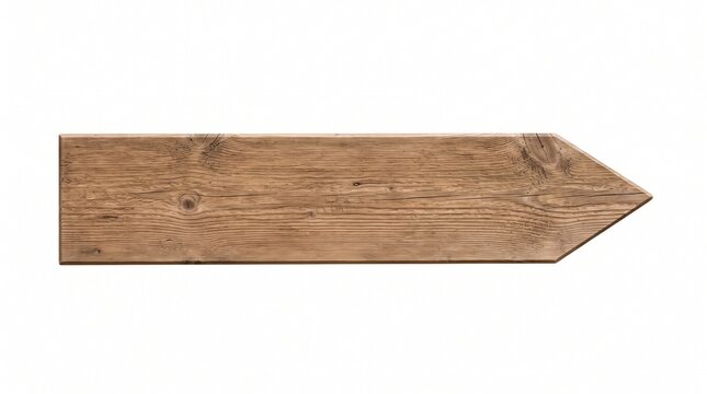 Rustic wooden arrow sign isolated on white, vintage timber directional pointer, blank brown wood plank for navigation and wayfinding