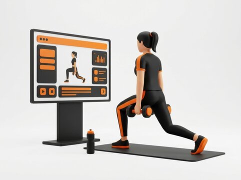 Virtual fitness instructor guiding an online workout session in a home exercise space