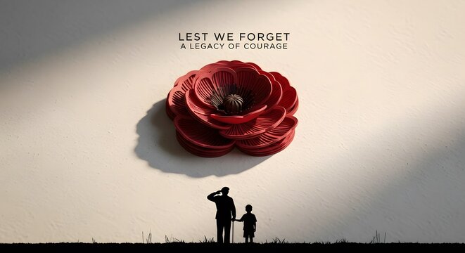 Remembrance Day tribute with a veteran and child standing beneath a red poppy.