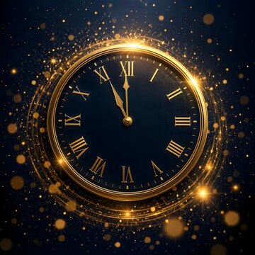 Elegant gold clock with roman numerals showing midnight time surrounded by glowing magical sparkles and light particles on a dark black background representing a new year celebration